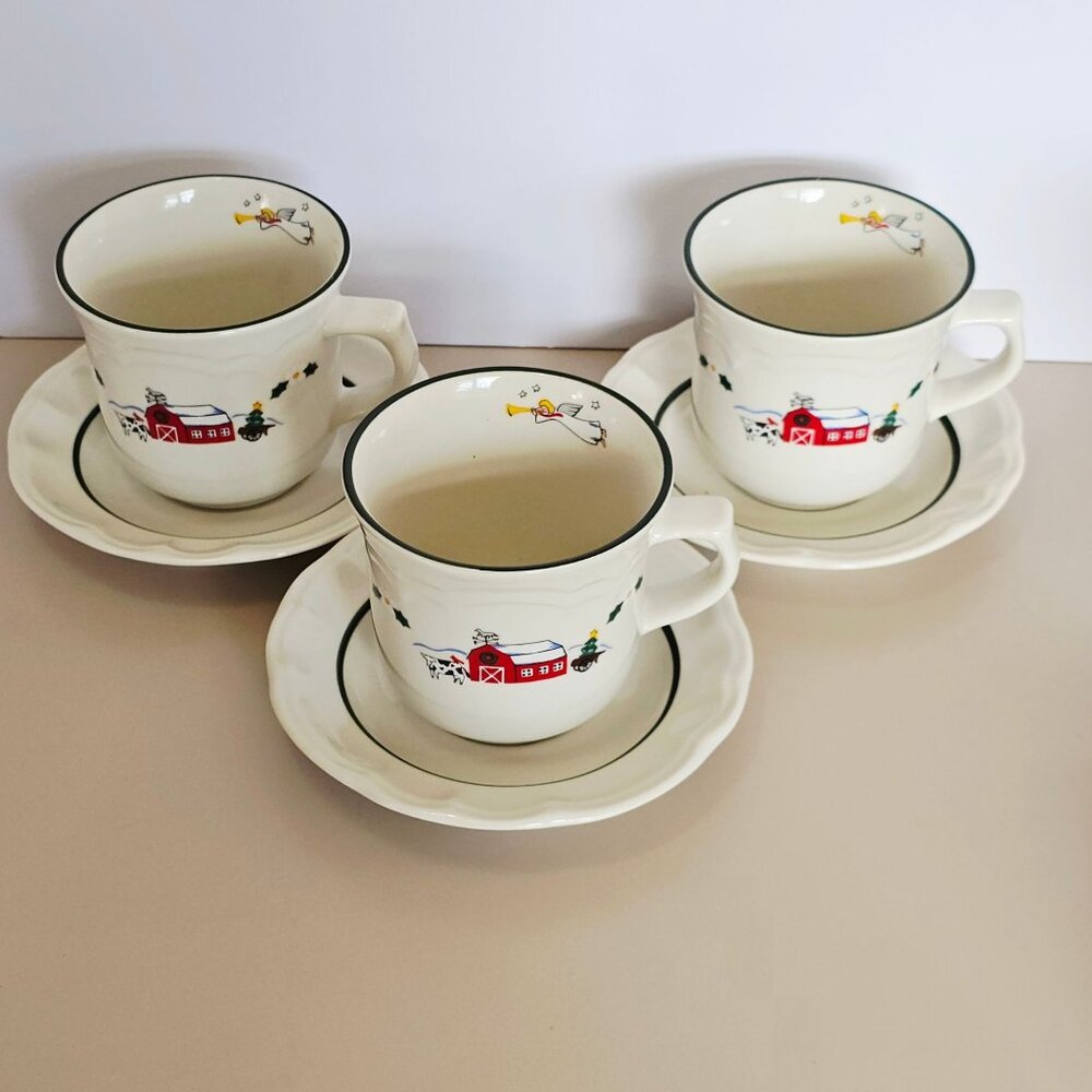Pfaltzgraff Snow Village Cups & Saucers 3sets Christmas holiday beverage vtg 90s - Picture 9 of 11